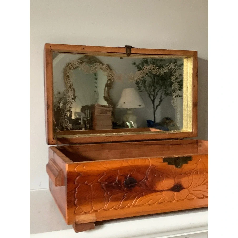 Vintage Hand Carved Wood Jewelry Box Floral‎ Relief Scenic Inset Mirror Footed